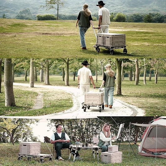 3 Pieces Camping Table Cart Set Multi-Purpose Used as Picnic Table & Dolly & Platform Truck 3-in-1 Wagon with Swivel Wheels for Camping Travel Shopping Outdoor (1 Cart and 2 Crates)