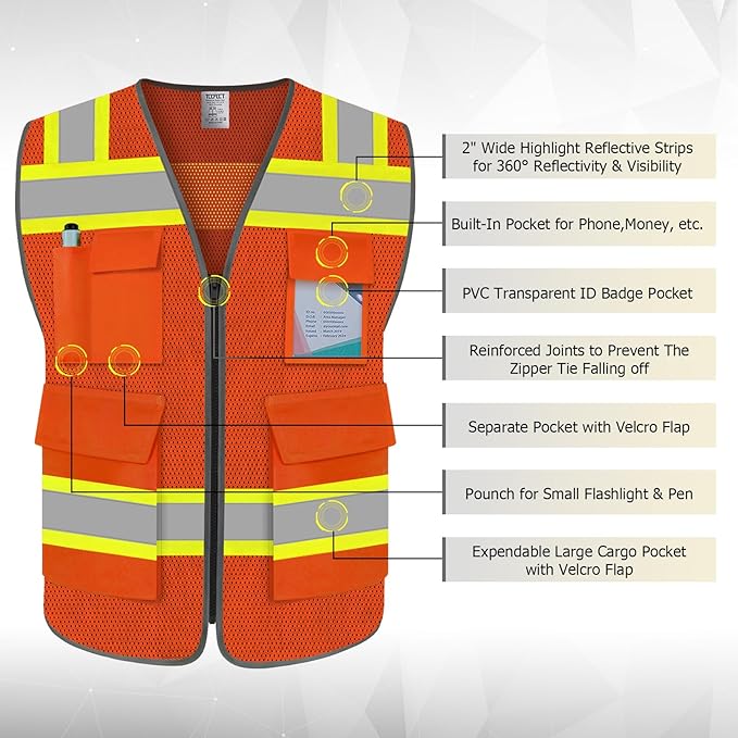 TCCFCCT Reflective Vest 5 Pockets Mesh Safety Vest with Reinforced Zipper, High Visibility Surveyor Work Vest for Men Women with Fluorescent Yellow Edge, Durable to Use, Meets ANSI/ISEA, DW-Orange, XL