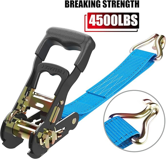 Ratchet Straps (4PK) - 4500lbs Breaking Strength 1.5''×15' Heavy Duty Tie Down Straps with Padded Handles, Double J Hooks & Soft Loops for Moving Motorcycle, Trailer & Trucks (Blue)