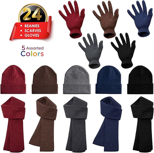 Moda West 72-Pack Gloves, Scarves, and Beanies - Bulk 24 Glove Pairs, 24 Scarves, 24 Beanies - Bulk Supplies for Cold Weather, Emergencies, Homeless, Charity