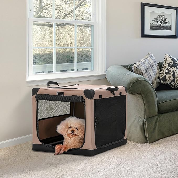 PETSFIT Portable Dog Crate, Soft Sided Dog Crate - 26 Inch Lightweight, Easy Setup, Sturdy Dog Travel Crate, Adjustable Framework with 3 Mesh Door, Collapsible Dog Kennel Khaki