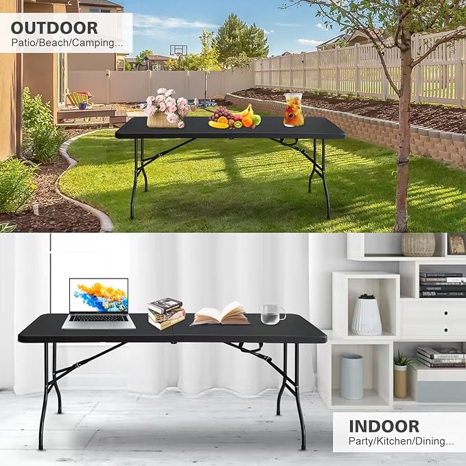 Portable 6Ft Plastic Folding Table, Heavy Duty 6ft Fold-in-Half Table with Carrying Handle, 6' Folding Utility Foldable Table for Picnic Party Camping Kitchen, Indoor/Outdoor (Black)