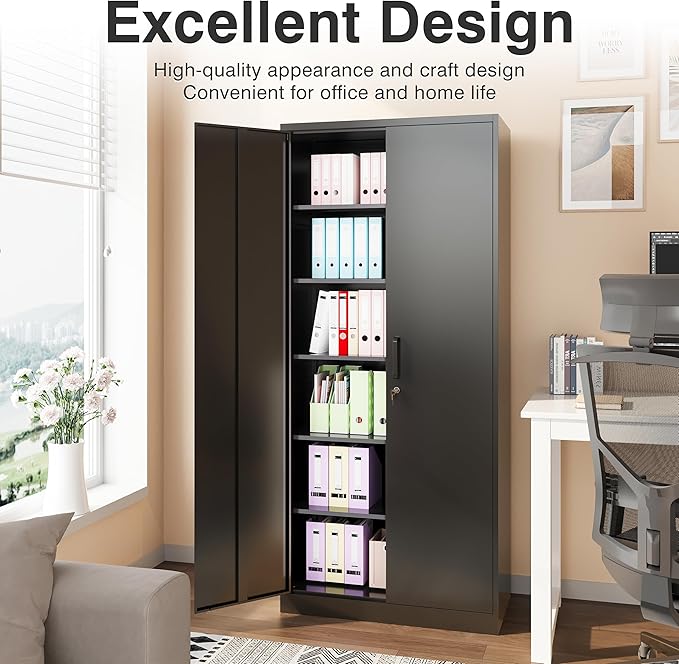 Metal Storage Cabinet with 2 Doors and 6 Shelves,Black Metal Cabinet with Lock,71" Lockable Garage Storage Cabinets,Locking File Cabinet,Steel Tool Cabinets for Home,Office,Garage,Shop,School