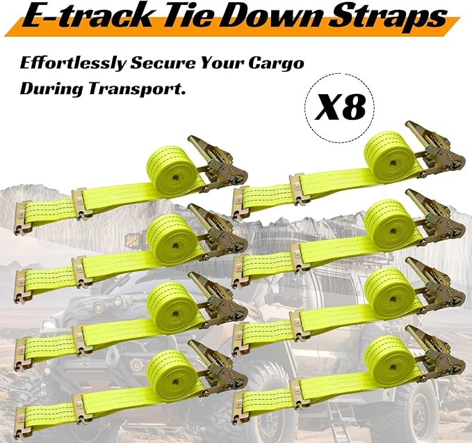 8 Pack 2" x 15' Heavy Duty E-Track Ratchet Straps - 4500LBS Break Strength - Tie Down Straps for Trucks, Trailers, Motorcycles, and Cargo(Yellow)