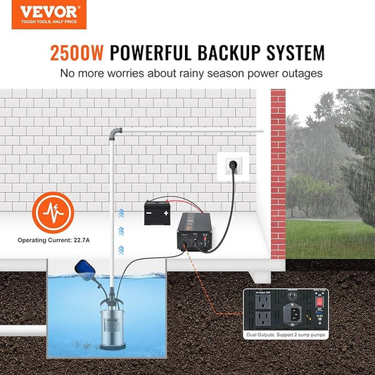 VEVOR 2500W Sump Pump Battery Backup with LCD, Automatically Shifts to Inverter Power Ensuring Uninterrupted Operation, Essential for Emergencies & Power Failures