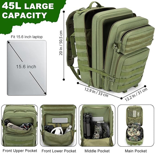 Tactical Backpack 45L Army Military Rucksack, Water Resistant MOLLE Pack, Large 3 Day Bug Out Bag for Men & Women, Durable Outdoor Gear for Hiking, Camping, Hunting, Travel(ArmyGreen)