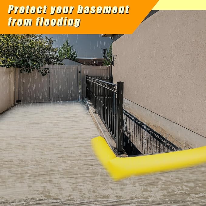 Amylove 4 Pcs PVC Inflatable Flood Barriers for Home Reusable Garage Water Prevention Barriers Flood for Rain Snow Melted Garage Door Basement Home(6 ft x 10 in x 6 in,Yellow)