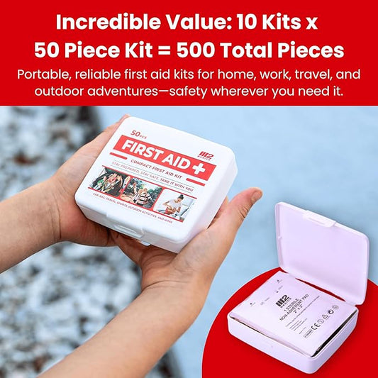 M2 BASICS Bulk 10-Pack Mini Emergency First Aid Kit Bundle (500 Total Pieces, 50 per Kit) for Car, Travel, Home & Donations – Compact Medical Supplies