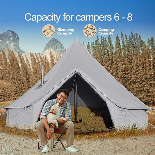 Cotton Canvas Bell Tent, Waterproof Large Tents with Sturdy Center & Door Pole and Space for 4/6/8 Person All 4 Season Camping Yurt Tent