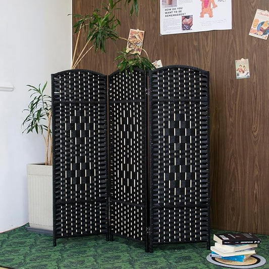 3 Panel Rattan Divider Short Room Partition Screen,Double Sided Folding Divider for Room Separation,Black,47.2" H x 47.2" W