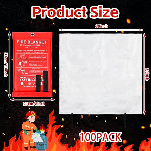 Macarrie 100 Pack Fire Blankets 39” x 39” Fire Blanket Emergency for Home and Kitchen Extinguisher Blankets Fiberglass Suppression Blanket Safety Fireproof Survival for Car Office Warehouse (Red)