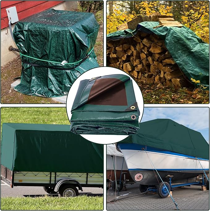 Tarp 16x20 Feet 16 Mil Heavy Duty Waterproof Tarp, Large Multipurpose Cover with Brass Grommets and Reinforced Edges, UV Resistant Thick Poly Tarps for Outdoor Camping Tent Pool Car, Green