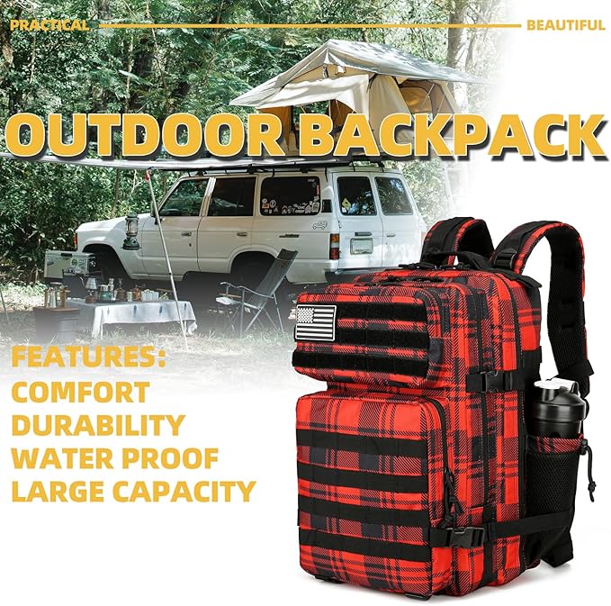 25L Tactical Backpack for Men and Women Military Backpack Small Assault Pack Molle Backpack Bug Out Bag Travel Rucksack Daypack (Red Plaid)