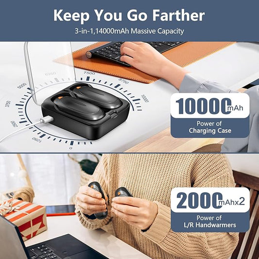 3-in-1 Electric Hand Warmers Rechargeable 2 Pack,14000mAh Portable Dual-Sided Handwarmer with Charging Case, 3 Levels Fast Heating Pocket Warmers,Gifts for Men,Women,Raynauds,Hunting Gear