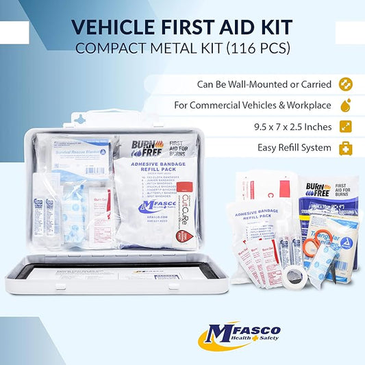 MFASCO Vehicle First Aid Kit - DOT/ANSI/OSHA Compliant - Metal - Portable & Mountable - Waterproof - First Aid Kits for Businesses, Construction, Commercial Vehicles, Workplaces - 115 Pcs