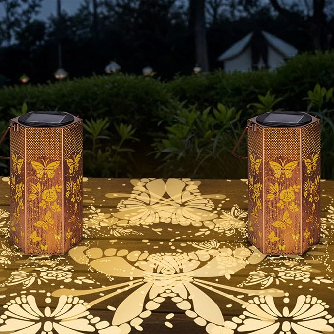 Christmas Gifts for Women Mom - 2 Pack Butterfly Solar Lanterns Outdoor Waterproof, Butterflies Solar Lights Outdoor Hanging Garden Decor for Outside, Patio, Outdoor, Yard, Lawn, Balcony