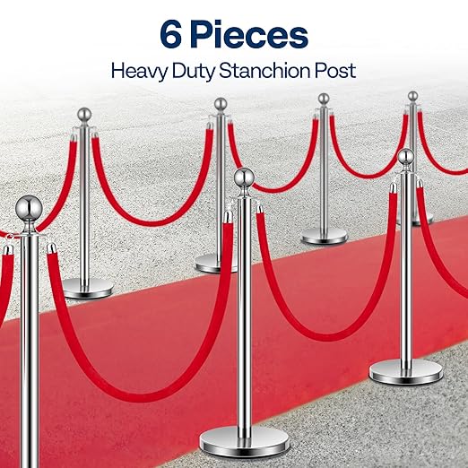 VIVOHOME Stainless Steel Stanchion Post Queue 6PCS Pole w/ 4 Red Velvet Ropes, Crowd Control Barriers w/Fillable Base for High-end Venues, Museums, Party Supplies (6 Pieces, Silver)