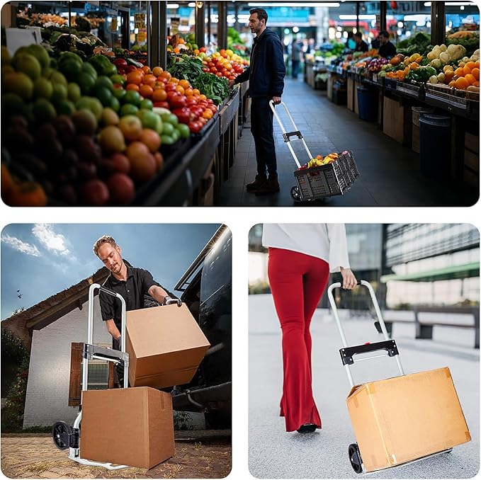 Folding Hand Truck Dolly Cart Portable Foldable Aluminum Luggage Cart Trolley Cart Black Load 260 lbs, with Black Bungee Cord, Telescoping Handle,Solid Aluminium Wheel suspensions, Double Bearings