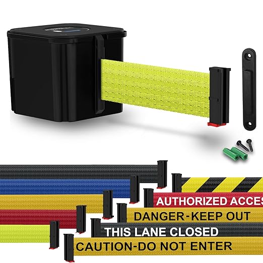 WM412 Retractable Belt Wall Mounted Smooth Black Crowd Control Barrier and Receiving End, 15' Fluorescent Yellow Belt