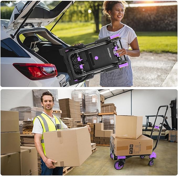2-in-1 Folding Hand Truck Dolly 330LB Load Carrying, Hand Truck Foldable Dolly with Retractable Handle and 4 Rubber Wheels, Portable Folding Hand Cart for Moving/Travel/Office (Purple)