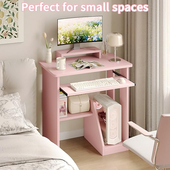 ALISENED 30" Small Computer Desk with Keyboard Tray Monitor Stand, Study Writing Desk with Storage Shelves, Modern Workstation for Small Spaces, Save Space, Pink