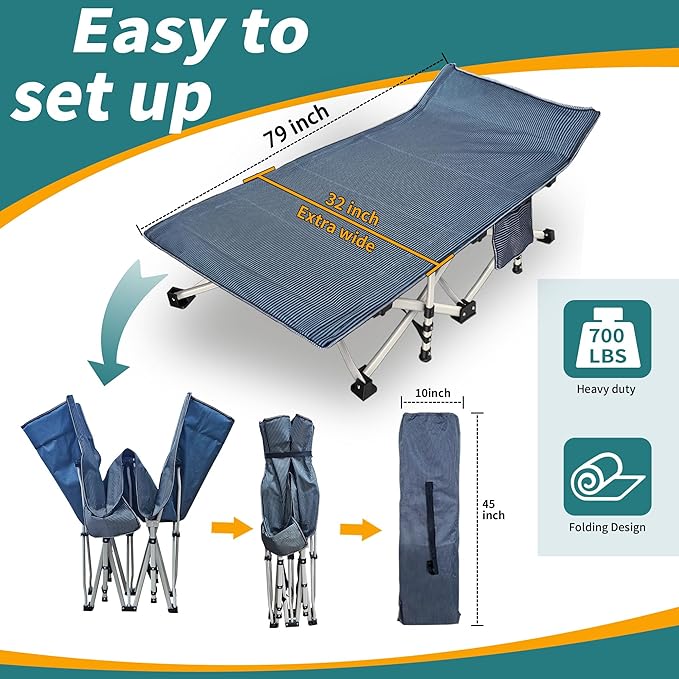 Oversize XXL Camping Cot with Comfortable Mattress for Adults Extra Wide Cots for Sleeping with Carry Bag Folding Cot Camping Bed 79" L x 32" W x 18" H Heavy Duty Indoor Outdoor
