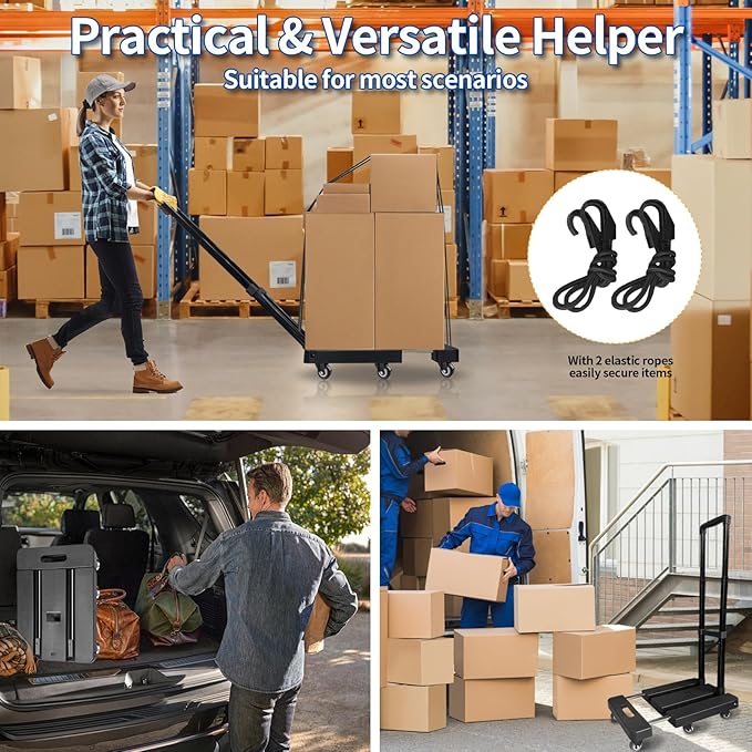 Folding Hand Truck,VDHU 650LB Heavy Duty Dolly Cart,Portable Utility Dolly 6 Wheels Luggage Cart with 2 Elastic Ropes,Extendable Platform Truck for Luggage, Travel, Moving Office Use, Black