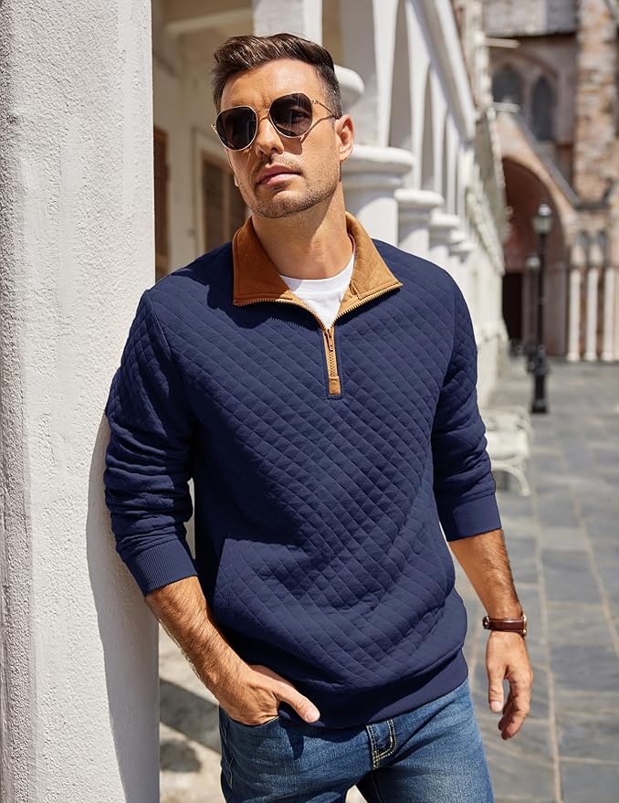 COOFANDY Mens Quarter Zip Pullover Quilted Sweatshirt Knit Long Sleeve Mock Neck Sweater Polo with Pocket