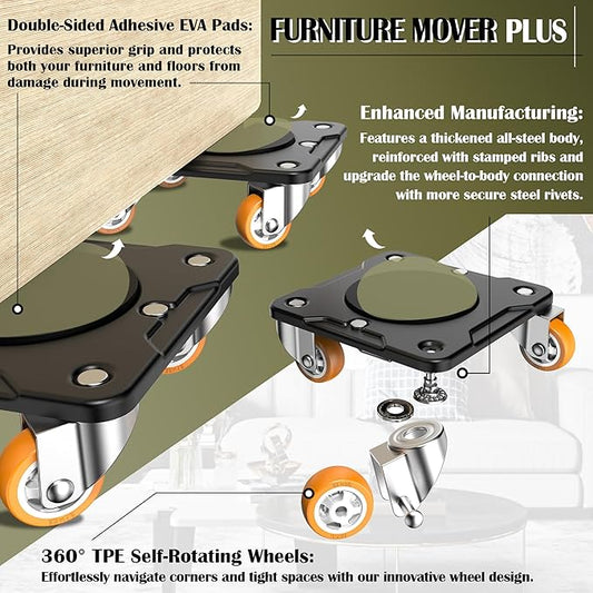 ONEON Furniture Mover Plus, Upgrated to Full Carbon Steel Panels Dolly, Reinforced Rib Design, Increased Weight Capacity, with Furniture Lifter, Easy Heavy Lifting