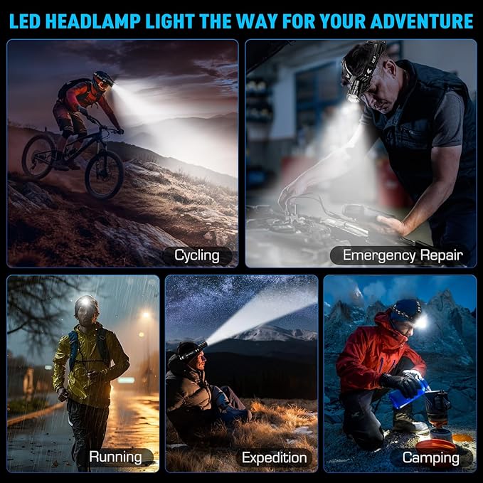 Sinvimes 4000 High Lumen LED Rechargeable Headlamp, 95H Long Battery Life Head Lamp with 5 Modes & IPX7 Waterproof & Zoomable, 120° Adjustable Head Light for Adults, Outdoor, Camping, Hardhat