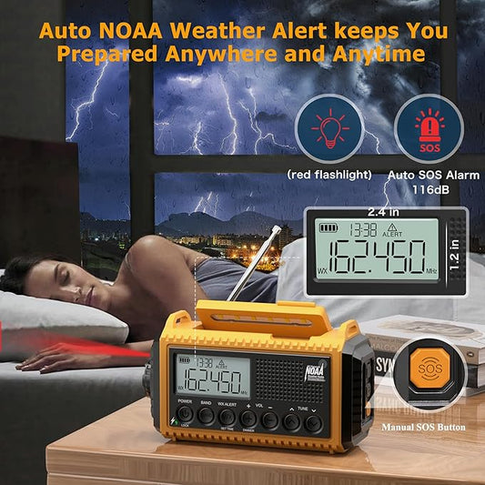 Emergency Radio 12000mAh with NOAA Weather Alert - Solar/Crank/Battery Powered AM/FM/Shortwave Radio, USB-C Charger, Portable SOS Flashlight for Hurricane, Power Outage, Camping Survival Gear
