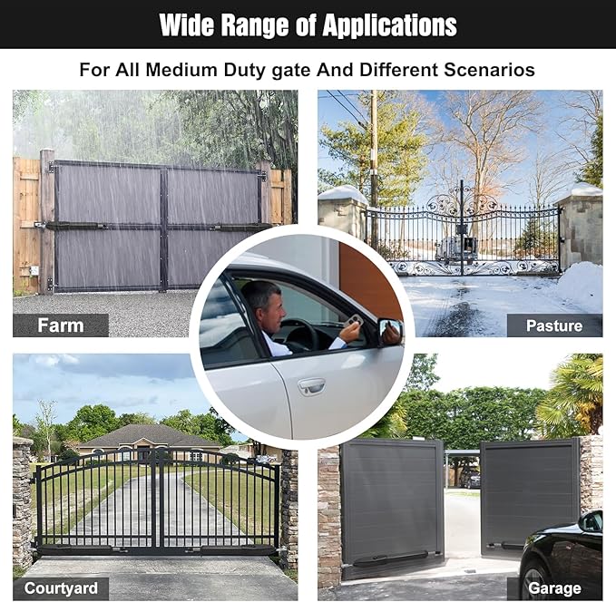 JUJIANG C026 Solar Gate Opener with Batteries & Solar Panel for Single Swing Gates Up to 770lb 16FT Automatic Gate Openers with Remote Complete Kit Medium Duty Automatic Gate Openers Solar Powered