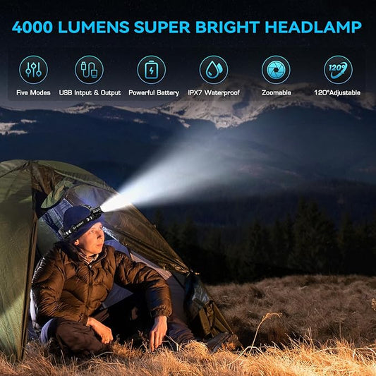 Sinvimes 4000 High Lumen LED Rechargeable Headlamp, 95H Long Battery Life Head Lamp with 5 Modes & IPX7 Waterproof & Zoomable, 120° Adjustable Head Light for Adults, Outdoor, Camping, Hardhat
