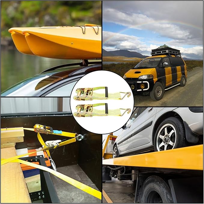 HNBun 2 Pack Ratchet Tie Down Straps, 2" x 33ft, 10,000 lbs Break Strength, Heavy Duty Cargo Lashing Straps with Double J Hooks for Trailer, Truck, and Equipment Hauling, Yellow