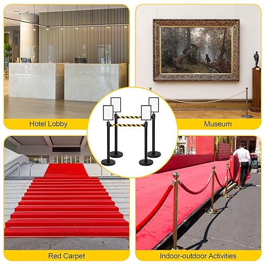Therwen 8 Pcs Stanchions with 8.2 ft Retractable Belt Black Crowd Control Stanchions Set and Stanchion Post Sign Easy to Assemble Line Dividers Queue Ropes for Theaters, Weddings, Exhibitions