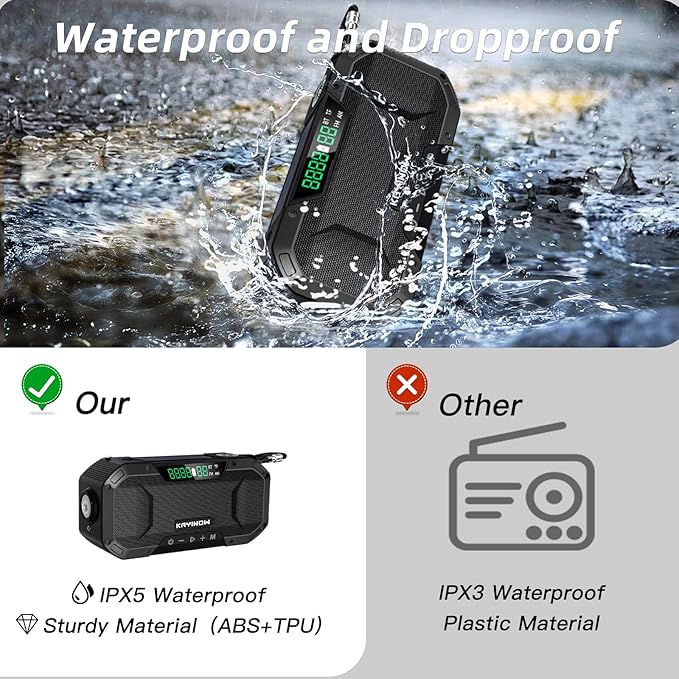 Solar Hand Crank Emergency Radio with Waterproof Bluetooth Speaker,Portable AM FM NOAA Weather Radio, Rechargeable 5000mAh Battery Power, Wind Up Flashlight Phone Charger, SOS,Survival Storm Hurricane