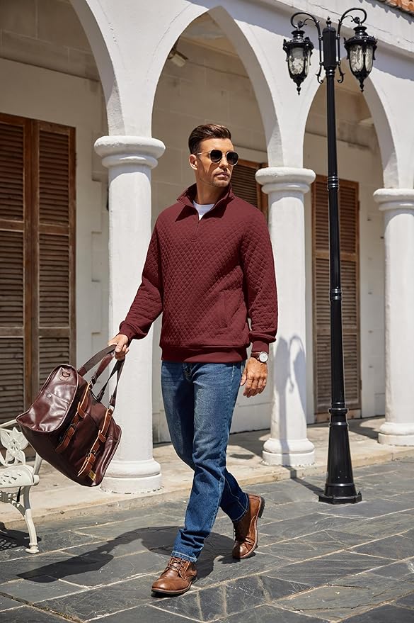 COOFANDY Mens Quarter Zip Pullover Quilted Sweatshirt Knit Long Sleeve Mock Neck Sweater Polo with Pocket