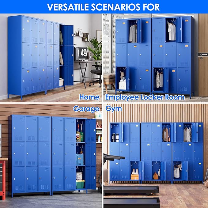 9 Doors Metal Locker for Employees with 27 Hooks and Business Card Holder,Metal Locker with Ventilation Holes for School Garage Office Gym Home,Assembly Required,Blue