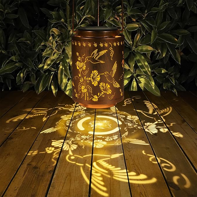 2 Pack Solar Lanterns Outdoor Waterproof Garden Decor Birthday Gifts for Women Mon Grandma Metal Hanging Solar Lights Decoration for Outside LED Lanterns for Yard Patio(Hummingbirds)