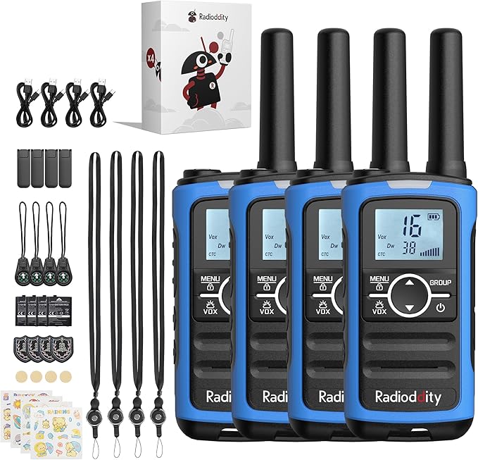 Radioddity FS-T8 Walkie Talkies for Adults Kids Rechargeable, FRS Licence-Free Two Way Radio Long Range with Group Call, VOX, NOAA, 2000mAh Battery, Flashlight, USB-C, Hiking Winter Camp, 4 Pack