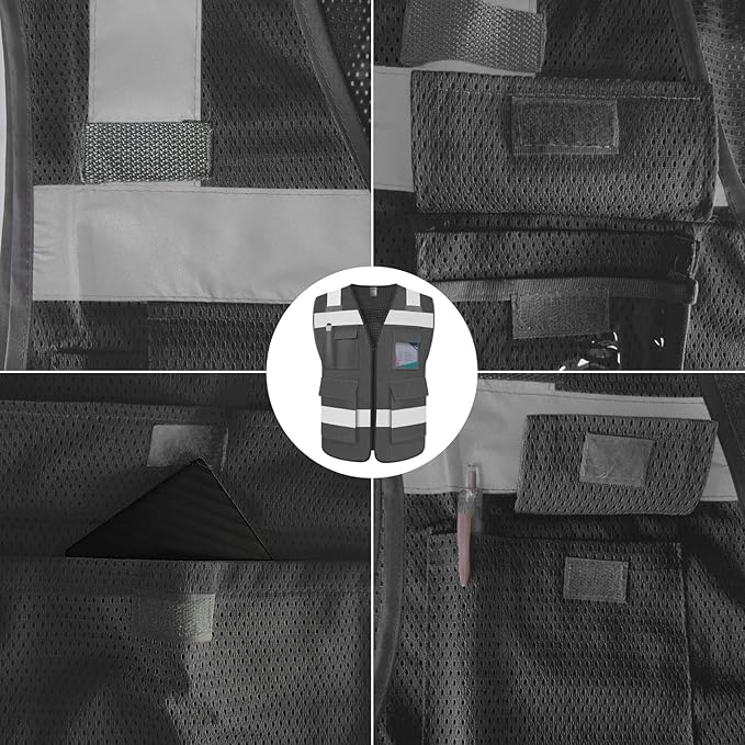 TCCFCCT Mesh Hi Vis Vest 5 Pockets High Visibility Reflective Safety Vest for Men Women, Neon Construction Vest with Horizontal Strip for Walkie-talkie and ID Card, Meets ANSI/ISEA Standards, Grey, 3XL