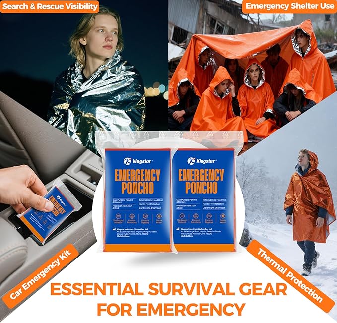 2 Pack Emergency Mylar Poncho, Waterproof Rain Ponchos, Reusable Packable Ponchos, Survival Blanket Poncho for Outdoor Camping & Hiking, Rescue, Car Emergency Kit, Shelter/Tent Cover