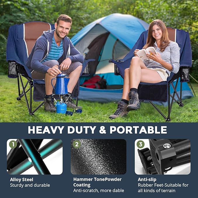 Oversized Folding Camping Chair for Adults Heavy Duty Padded Outdoor Chairs Big and Tall XL Picnic Chair with Cup Holders 400lb Capacity, Comfy for Lawn Sports and Outside Use