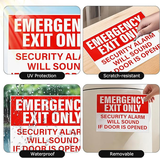 10 Pack Emergency Exit Only Security Alarm Will Sound If Door Is Opened Stickers 10 × 7 Inches Vinyl Self Adhesive Waterproof Safety Signs for Workplace Warehouse Office