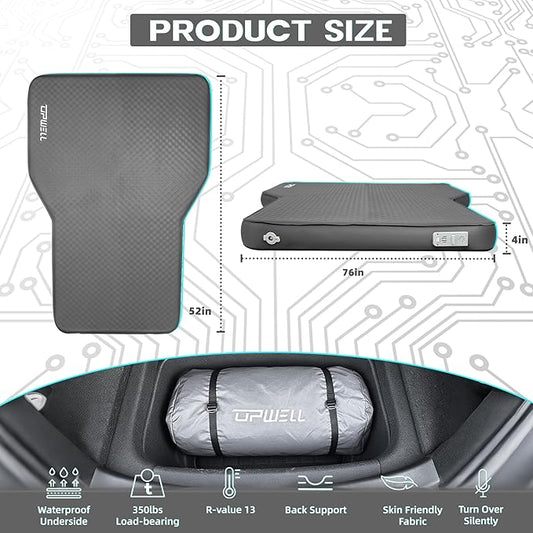 UPWELL Self Inflating Sleeping Pad Truck Camping Thick Mattress for Tesla Model Y Solid Foam 4 Season Car Bed Mattress Portable Roll Up Bed Grey,with air Pump