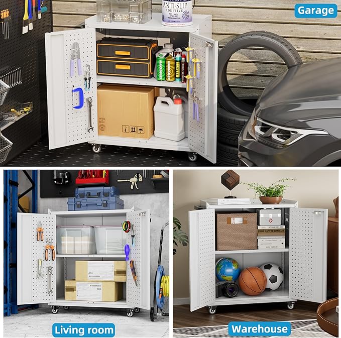 Metal Tool Cabinet with Pegboard and Hooks,Garage Storage Cabinet with Wheels and 2 Lockable Doors for Garage,Home,Office,Assembly Required,White,13.8" D x 26" W x 34.3" H