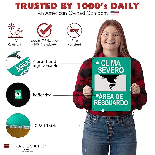 TRADESAFE Severe Weather Shelter Area Sign - Clima Severo, Área De Resguardo Spanish Sign, Quick Install, Light Reflective, UV-Resistant, Waterproof, 10” X 14” Aluminum Safety Signs