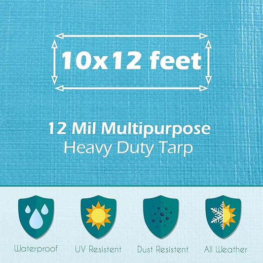 Tarps Heavy Duty Waterproof 10x12-12 mil Thick Camping Tent - Blue Tarp 10x12 UV Resistant, Rip & Tear Proof with Metal Grommets – Multipurpose Use for Camping, Tent, Boat, RV, Car, & Pool Cover