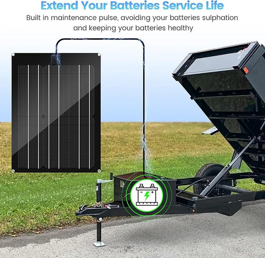 Solar Battery Charger Maintainer, Zuomeng 15W Solar Panel Kit for Dump Trailer Built-in Maintenance Pulse & Intelligent MPPT Charge Controller, Waterproof, Suitable for 12V Lead-Acid Battery