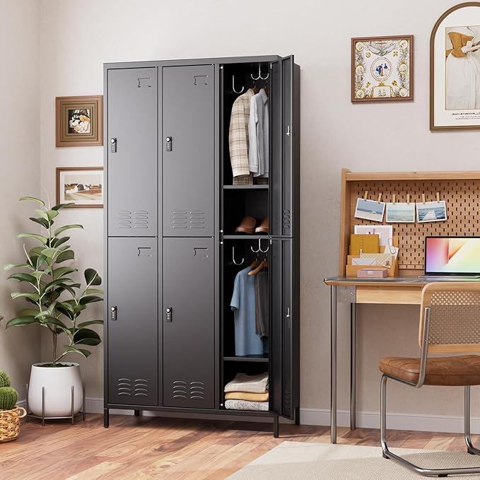 6 Doors Metal Locker for Employees with Combination Locks,Metal Lockers with Business Card Holder and 18 Hooks for Office Gym Home,Assembly Required,Black